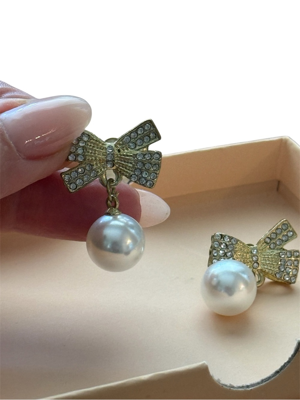 Gold Crystal Bow Drop Pearl Earrings - Gold Pearl Bow Earrings